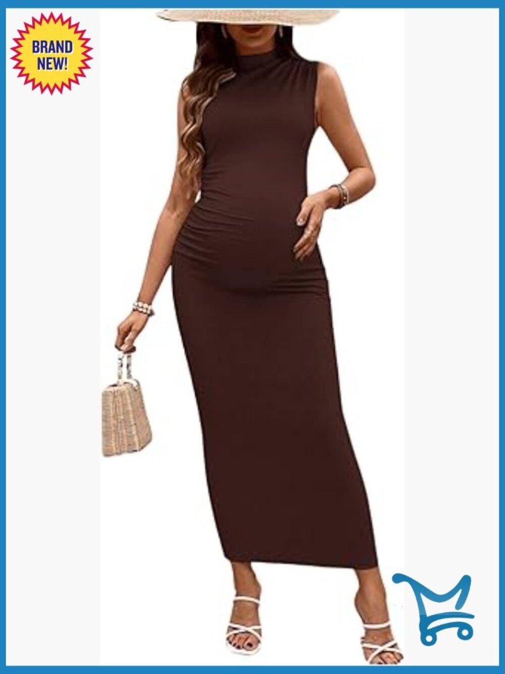 Maternity Mock Neck Sleeveless Ruched Bodycon Maxi Tank Dress for Baby Shower